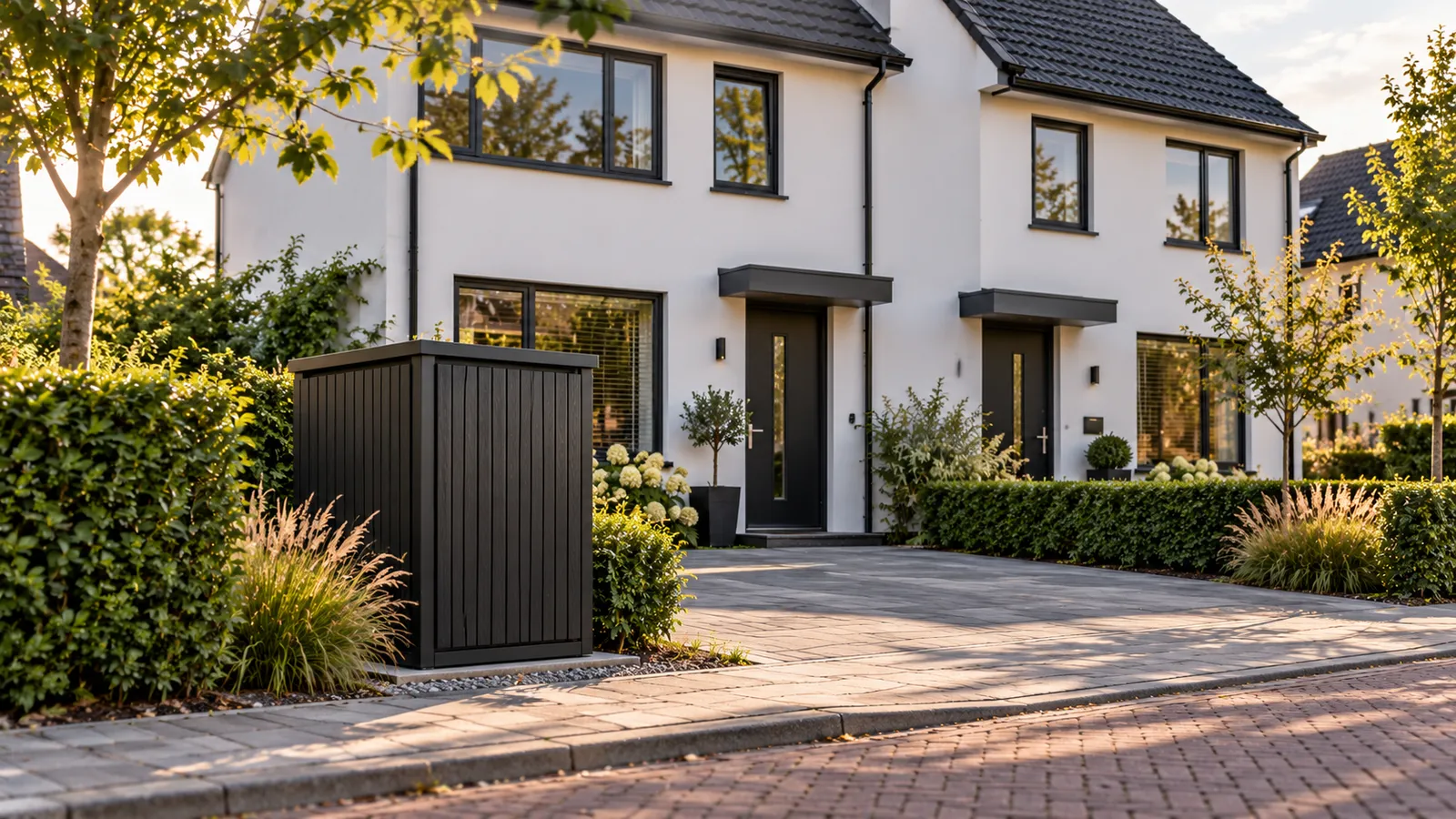 GardenVolt thuisbatterij buiten in de voortuin, naast de voordeur