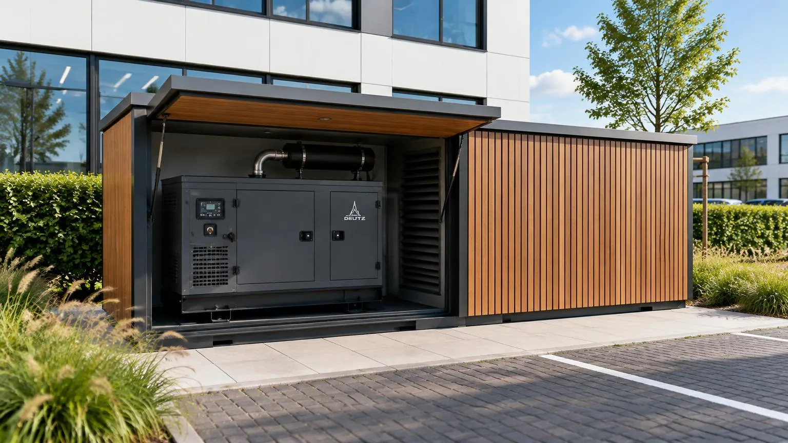 Render: generatormodule met open klep, aggregaat met uitlaat en ventilatie