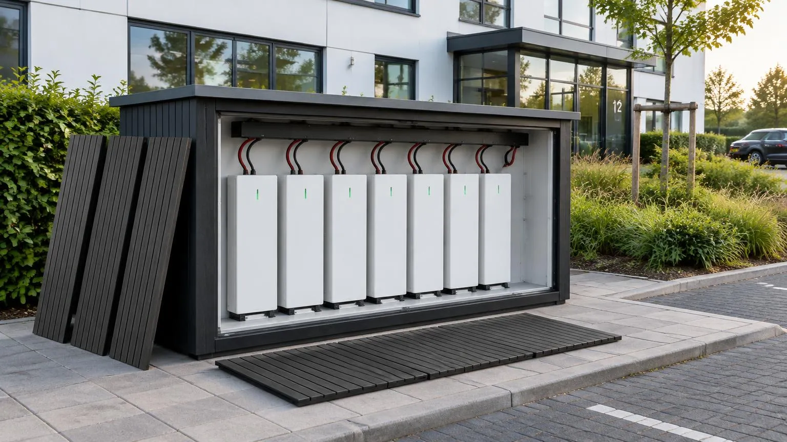 Render: accuzijde met acht accumodules en demontabele panelen ernaast